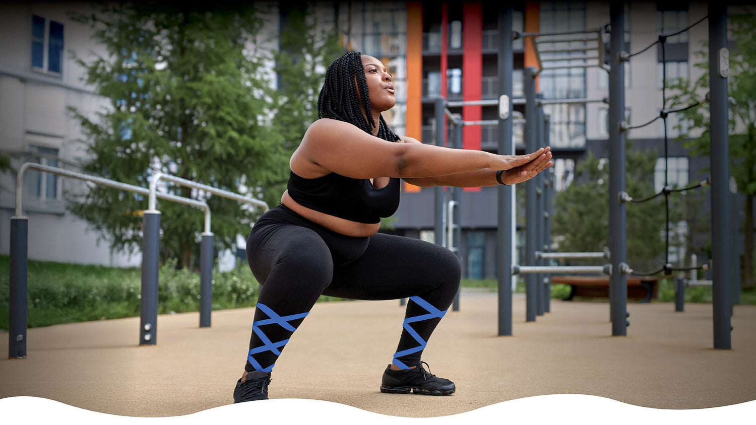 Person exercising on playground equipment in an urban setting with The Solid Mystic Twilight LegUps