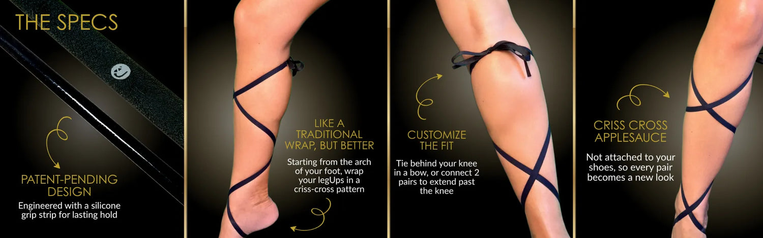Four-panel infographic showing close-up views of a person's legs wearing a black LegUps, with text callouts explaining features like patented design, traditional wrap style, customization, and criss cross application.