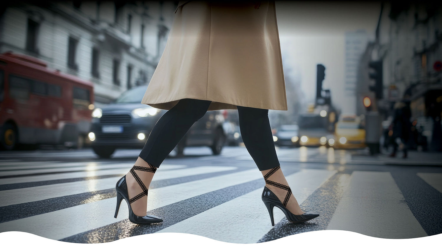 Person crossing a city street wearing high heels , Black Lace LegUps and a coat.